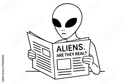 Extraterrestial alien reading newspaper about aliens