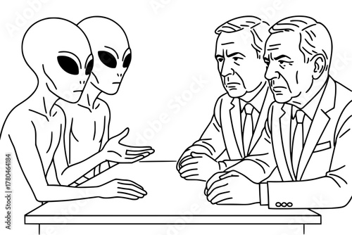 Two aliens dealing with two politicians over a table