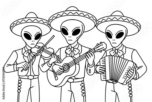 Three aliens playing like mexican mariachis