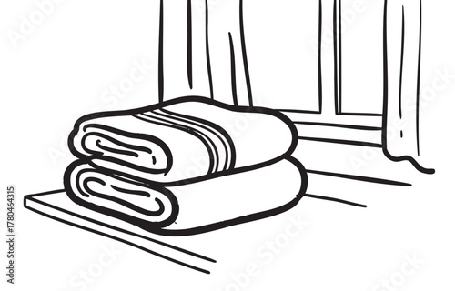Black outline vector drawing of two neatly folded towels with stripes resting on a windowsill with curtains.