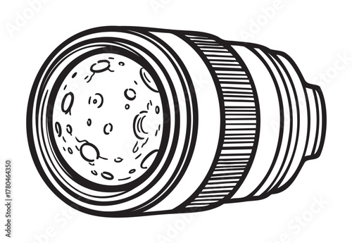 Black and white line drawing of a camera lens with intricate lunar surface detail inside the lens.