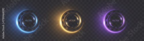A set of glowing HUD interface circles in blue, gold, and purple for dark backgrounds. Futuristic round user interface elements with neon rings for design and illustration. Vector
