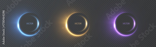 A set of glowing round outlines in blue, gold, and purple on a dark transparent background. Techno/HUD frames for buttons, interfaces, sci-fi panels, and gaming UIs.