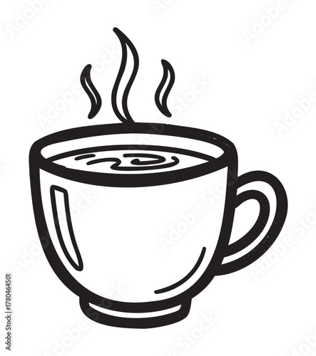 Black outline drawing of a steaming coffee cup with a handle, showcasing a swirling liquid surface.