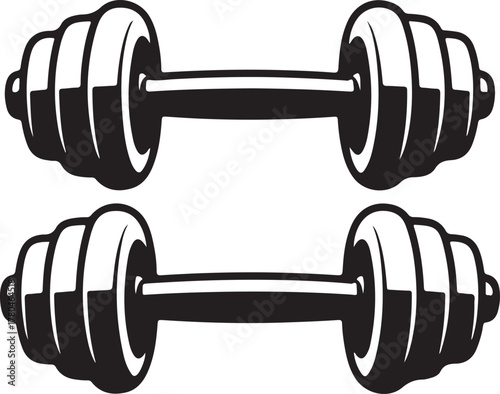 Two black dumbbells vector icon representing strength training and fitness equipment for workout routines