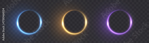A set of bright glowing rings for portals, game HUD, and light overlays. Vector light effect.