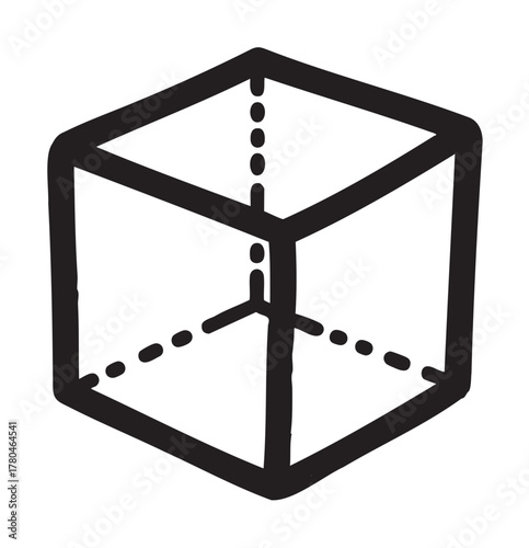 Black outline drawing of a simple three-dimensional cube with dotted lines indicating hidden edges.