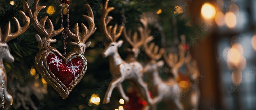 Naklejka premium Festive Christmas tree with reindeer ornaments and heart shaped decoration, creating a warm and cozy holiday atmosphere indoors