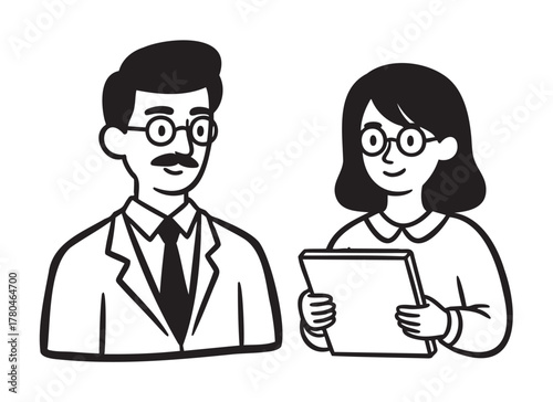 Black and white cartoon illustration of an adult caucasian male doctor with glasses and a mustache talking to an adult caucasian female with glasses holding a clipboard.