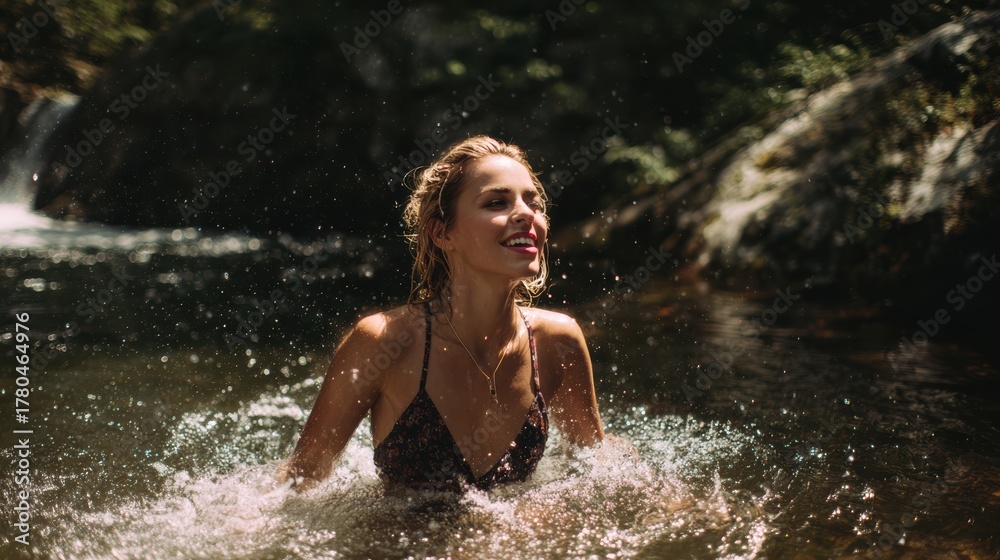 Fototapeta premium A joyful woman splashes in a serene natural stream, embodying freedom and connection with nature in a tranquil setting.