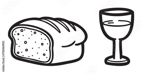 Black outline of a loaf of bread with slice marks next to a simple goblet half-filled with liquid.
