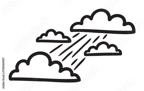 Black outline vector illustration of four fluffy clouds with diagonal rain lines beneath one, representing a weather concept.