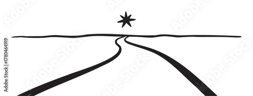 Black linear drawing depicting a winding road leading toward a horizon with a star-shaped figure in the sky, symbolizing guidance and journeying.