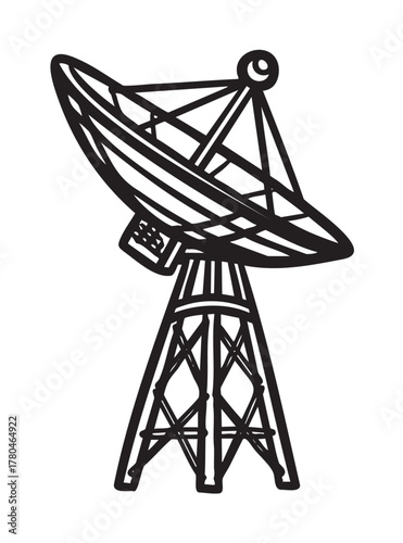 Black outline vector icon of a large satellite dish with a lattice support structure. minimal linear drawing for communication, technology, and space exploration concepts.