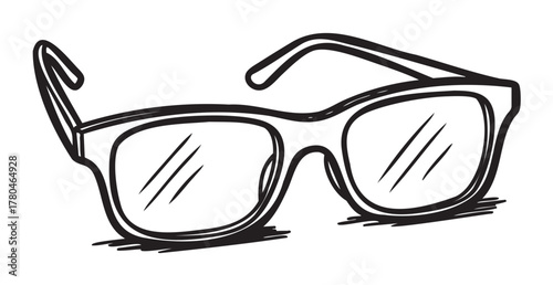 Black outline drawing of classic square eyeglasses with reflective lenses and slender arms.