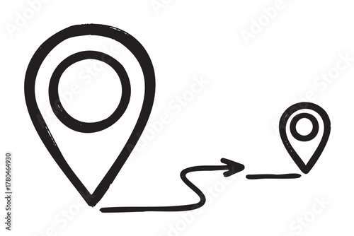 Black outline vector icon of two location pins connected by a curving path, representing navigation or travel concepts.