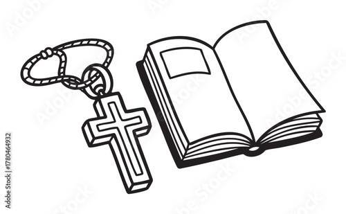Black outline drawing of an open book next to a keychain with a simple cross design, symbolizing christian faith and knowledge.