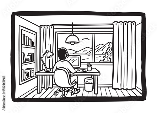 Black outline drawing of a person with headphones sitting at a desk, looking out a window at a mountainous landscape.