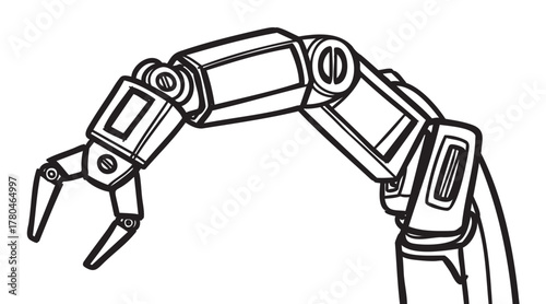 Black outline of a robotic arm with articulated joints and a claw-like gripper, emphasizing mechanical design and technology.