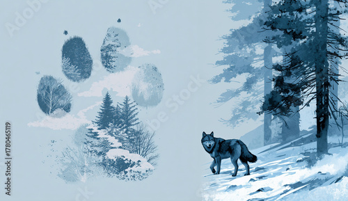 A lone wolf stalks through a snowy pine forest, landscape background with a sketchy illustration of wolf tracks, vector,