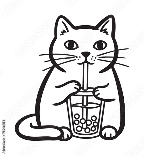 Black outline vector illustration of a cute cat holding a cup of bubble tea, sipping through a straw.