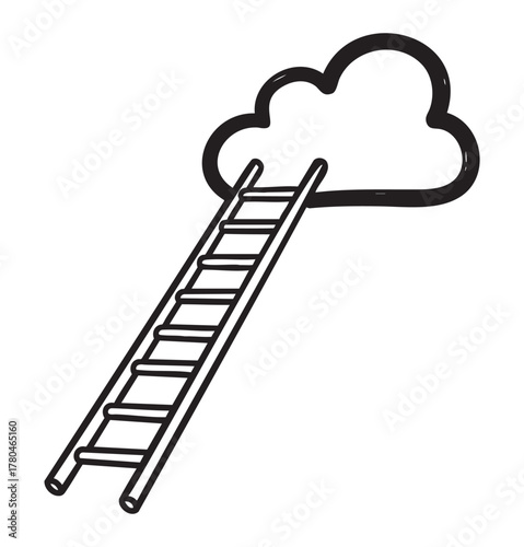 Simple black outline drawing of a ladder leaning against a cloud, symbolizing ambition and dreams.