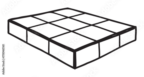 Black outline of a simple rectangular mattress with a grid pattern on the surface, viewed from a slight angle.