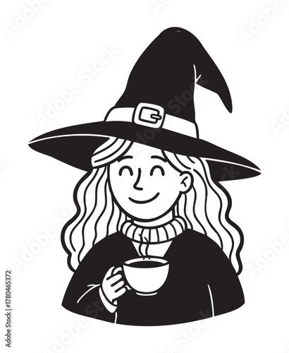 Smiling female witch with long hair wearing a pointed hat, enjoying a cup of steaming beverage.