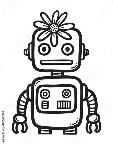 Black and white cartoon robot illustration with a flower on its head and simple mechanical features including dials and springs.