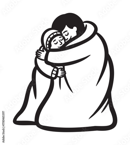 Outline of a man and child warmly embracing, wrapped in a large blanket, conveying affection and protection.