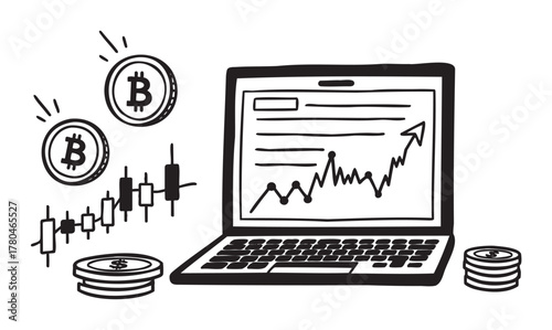 Black and white sketch of a laptop displaying a financial chart with cryptocurrency symbols and stack of coins surrounding it.