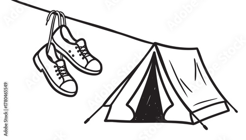 Black outline sketch of a pair of sneakers hanging over a line next to a simple triangular camping tent, illustrating outdoor and adventure themes.