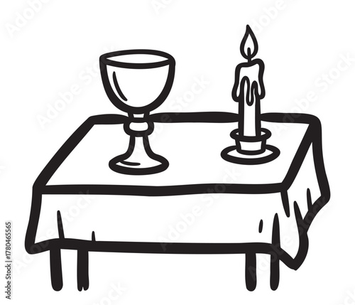 Simple black outline drawing of a table set with a cup and a candle. minimalistic design suitable for dining and celebration themes.