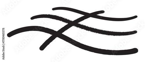 Black ink brush strokes forming a simplified abstract representation of wind or air movement in a minimalist style.