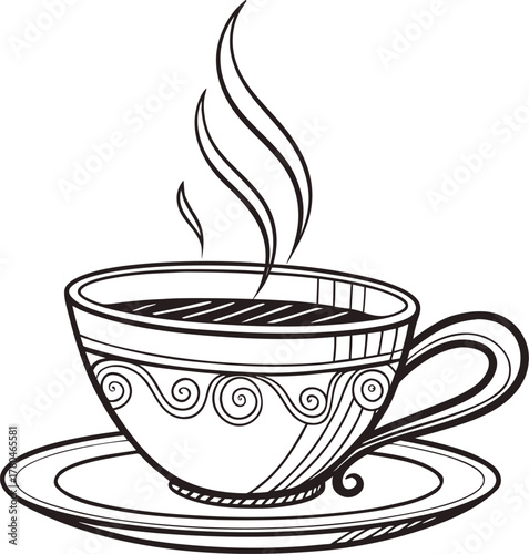 Steaming coffee cup and saucer artistic sketch silhouette minimalist beverage icon isolated on transparent background
