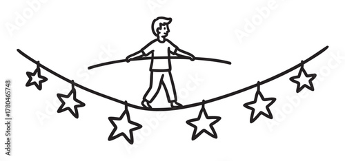 Black outline drawing of a young male walking on a tightrope adorned with star-shaped decorations, showcasing balance and focus.