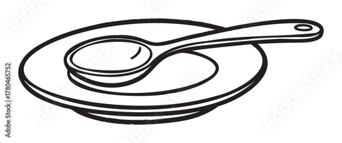 Black outline drawing of a round spoon resting on a simple circular plate, depicted with minimalistic line art.