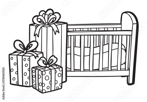 Black and white line drawing of a baby crib with three wrapped gift boxes adorned with ribbons and bows.