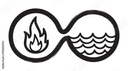 Black outline icon of an infinity symbol incorporating fire on one side and water waves on the other, symbolizing balance and harmony.