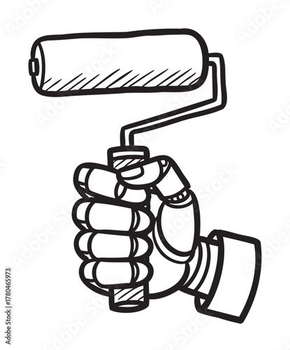 Robotic hand holding a paint roller, showcasing advanced technology in automation and robotics, suitable for industrial and creative applications.
