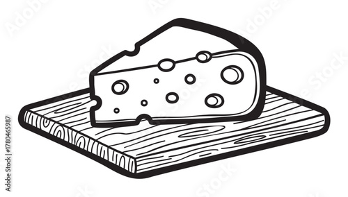 Black and white drawing of a wedge of cheese with holes on a textured wooden cutting board.