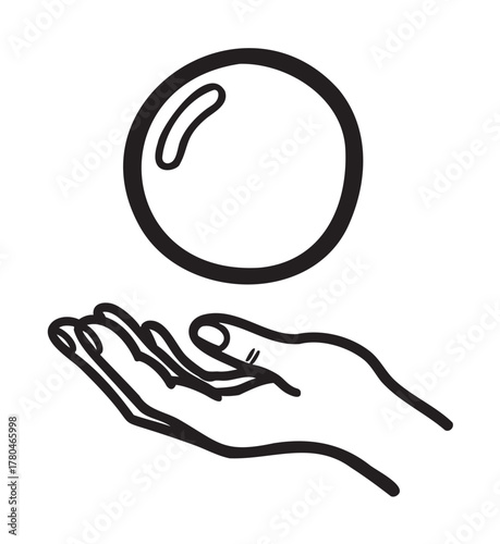 Simple black outline of a hand with open palm reaching for a hovering circle, suggesting balance or mindfulness.