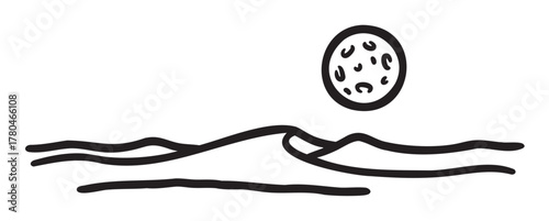 Black outline vector icon of a stylized lunar landscape with a wavy surface and a cragged moon illustration.