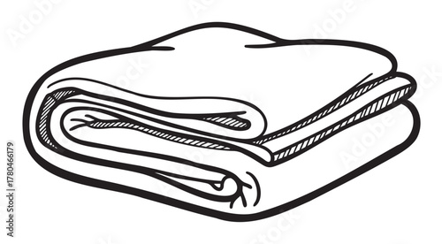 Black outline drawing of a folded blanket. simple and minimal sketch for bedding and comfort concepts.