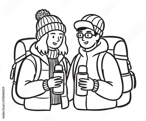 Caucasian young male and female hikers in warm clothing and backpacks, smiling and holding thermoses in a black and white outline illustration.