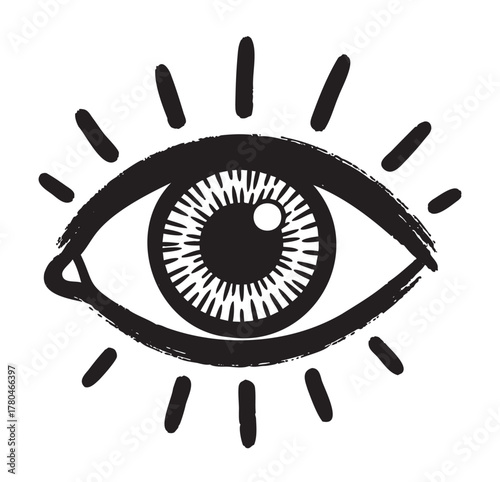 Hand-drawn black outline of an eye with stylized rays emanating from it, symbolizing vision and awareness.
