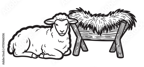 Black outline illustration of a sheep lying beside a wooden trough filled with hay, suggesting a barnyard scene.