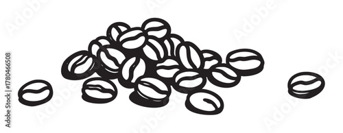 Black outline vector drawing of a pile of coffee beans scattered across a white surface.