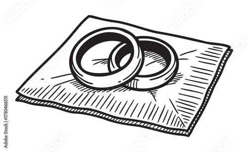 Black and white illustration of two interlocking wedding rings resting on a folded napkin, symbolizing marriage and commitment.