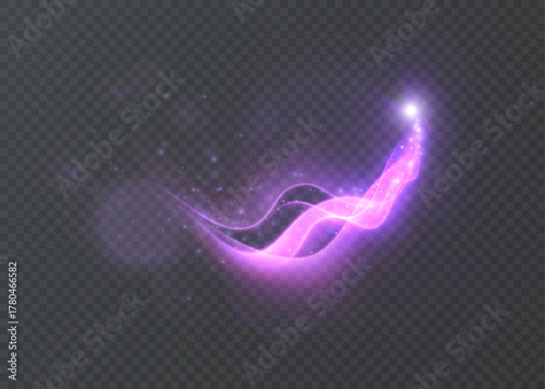 A neon magical light trail with sparks on a dark transparent background. Suitable for fantasy effects, spells, games, and motion design.